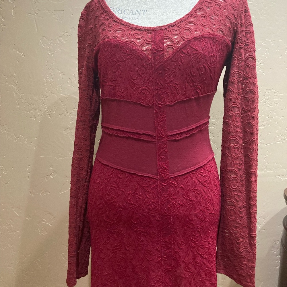 Free People Red Long Sleeve Lace Dress, Size Large